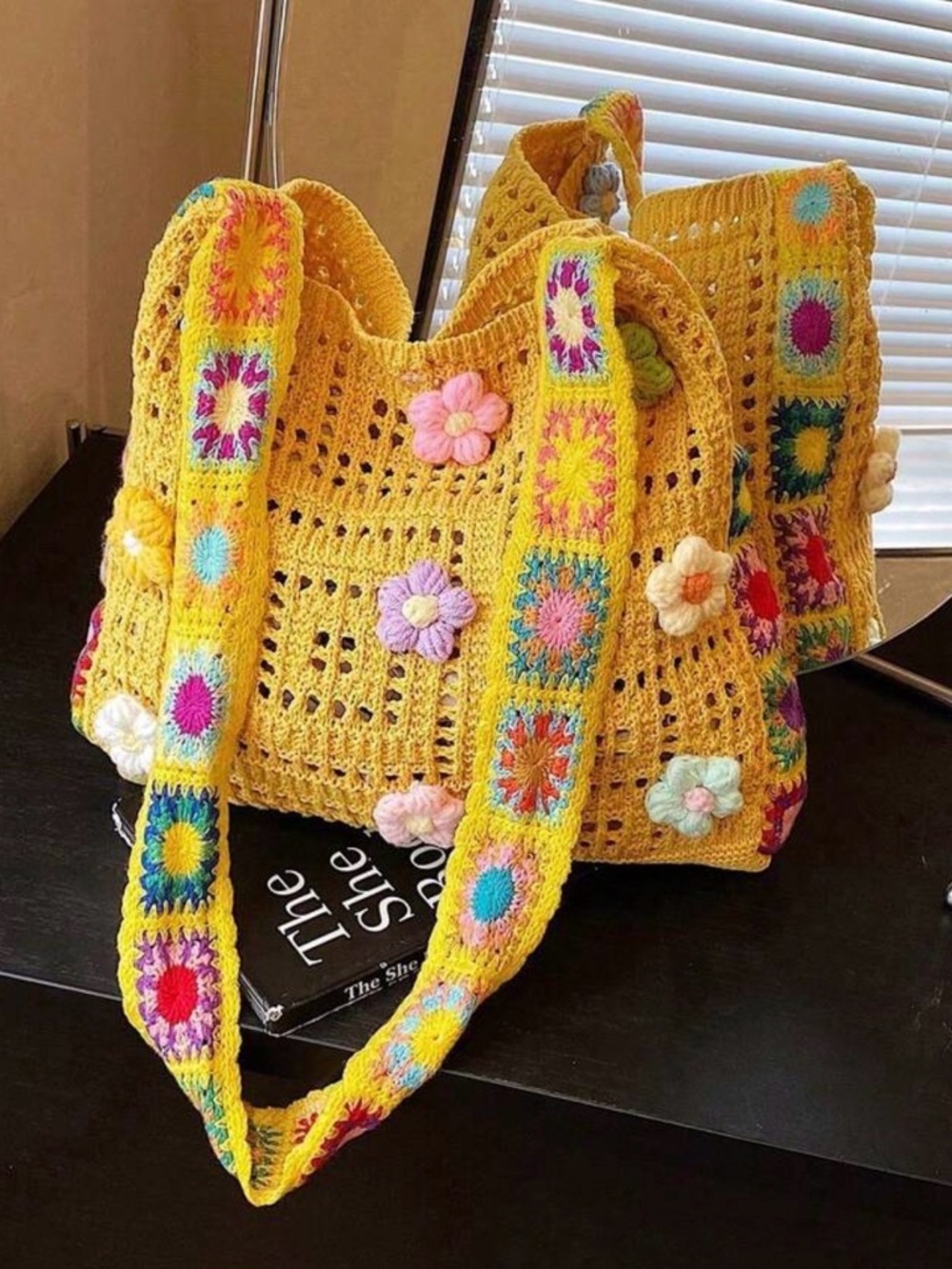 Free People Yellow Crochet Flower Tote Bag